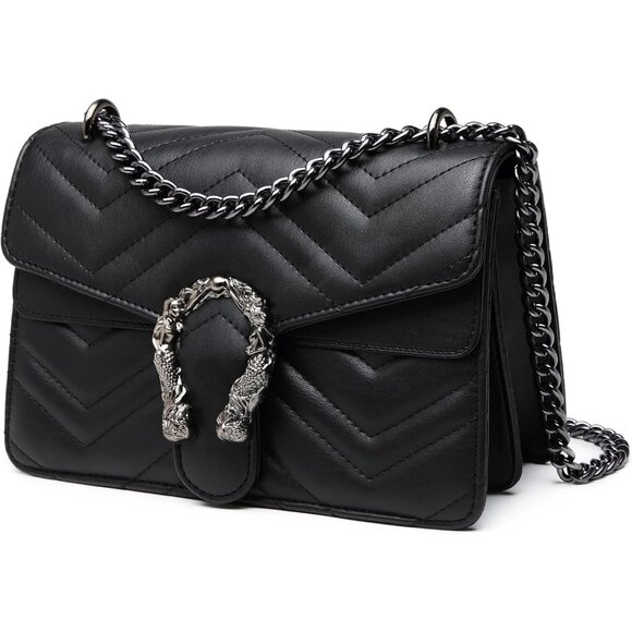 Snake Print Leather Black Crossbody Bag for Women Chain Strap and Clutch Style - Picture 1 of 8